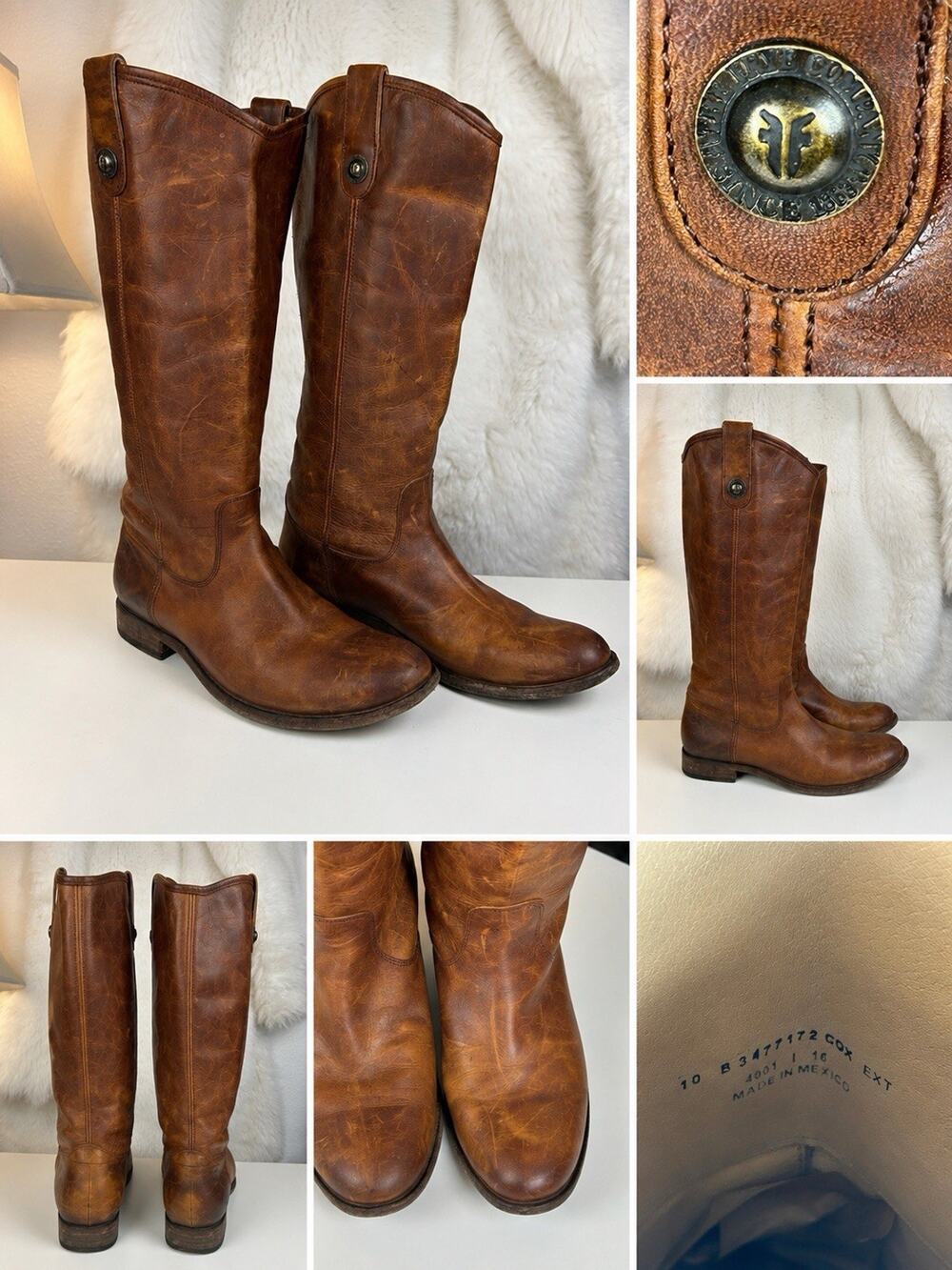 Frye Tall Leather Riding Boots in Distressed Cognac Brown